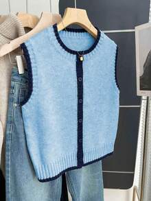 Franclia 法式复古宽松圆领无袖撞色滚边女士毛衣背心，适合秋冬季穿着 - 藍色 - 查看 4