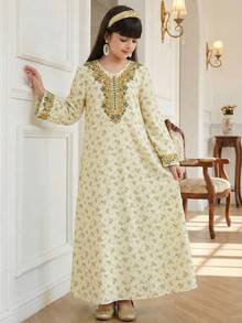 SHEIN Tween Girl Beige Delicate Ditsy Floral Dignified Dress - Beige - View 9