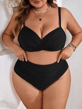 SHEIN CURVE+ Plus Size Women 2 Pieces Swimsuit Set, Casual Vacation Swimwear