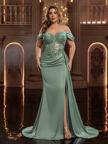 Glamrae Chân váy cỡ lớn sang trọng, thanh lịch với chất liệu ren, sequin và satin phối nhiều mảnh, xẻ tà đuôi cá gợi cảm, viền xếp ly, thích hợp cho các bữa tiệc, dạ hội, lễ kỷ niệm, đám cưới và các dịp trang trọng. - màu xanh lá - Xem 4