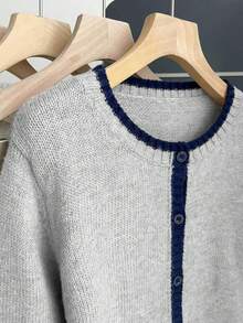 Franclia Cárdigan de punto holgado de cuello redondo de manga larga con ribete de contraste, estilo retro francés para mujer, otoño/invierno - Gris Claro - Ver 3