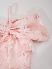 Tween Girls' Light Pink Summer Elegant Wedding Satin Bow Off-Shoulder Embroidered Applique Spaghetti Strap Pleated Midi Dress For Birthday Party - Pink - View 2