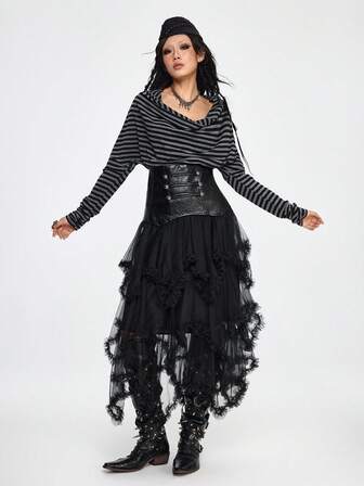 Grunge Punk Nautical Punk Retro Black & Gray Striped Patchwork PU Collar Fitted T-Shirt