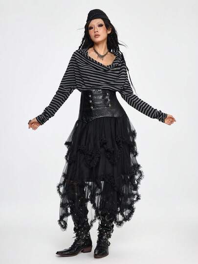 Grunge Punk Nautical Punk Retro Black & Gray Striped Patchwork PU Collar Fitted T-Shirt