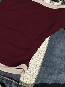 Noixe Women's Casual Star Embroidery Contrast Trim T-Shirt, Summer - Burgundy - View 5