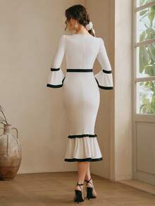 Anewsta 春季新款时尚优雅修身喇叭袖紧身连衣裙（女款） - 黑與白 - 查看 2