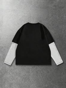 ROMWE MEN Goth 男士休闲时尚街头标语印花撞色长袖二合一T恤，春秋季 - 黑色 - 查看 2