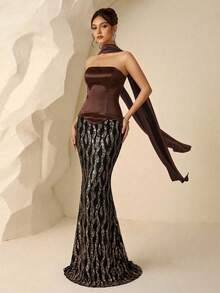 Coutiva Đầm dạ hội trang trọng đính sequin dành cho nữ - màu nâu - Xem 4