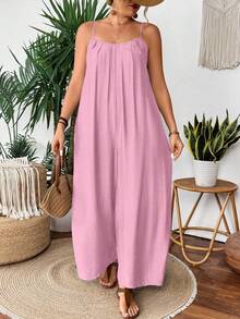 SHEIN Clasi Plus Size Casual Pink Spaghetti Strap Wide-Leg Jumpsuit Lightweight, Linen-Like Fabric Relaxed Fit With Wide Legs And Front Pockets - Pink - View 6