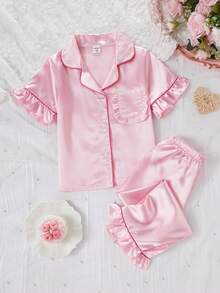 2pcs Girls Toddler Solid Color Ruffle Hem Short Sleeve Top And Pants Pajama Set, Spring/Summer - Pink - View 1
