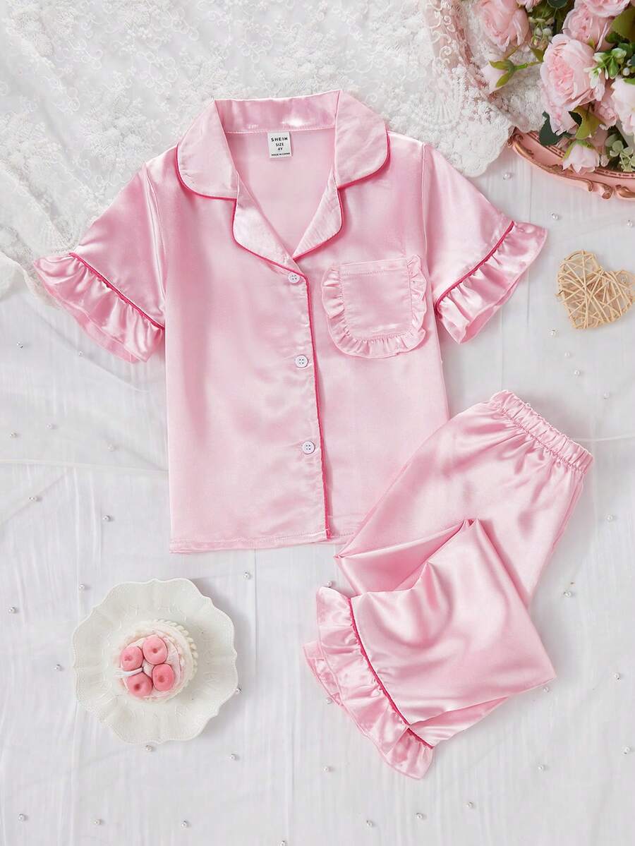 2pcs Girls Toddler Solid Color Ruffle Hem Short Sleeve Top And Pants Pajama Set, Spring/Summer - Pink - View 1