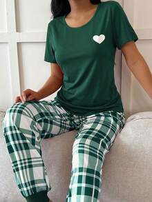 Heart Print Short Sleeve Top And Plaid Print Pants Women Pajama Set, Casual - Green - View 7