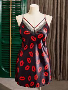 SilkySpell 唇形印花仿丝蕾丝边性感睡裙 - 彩色 - 查看 6