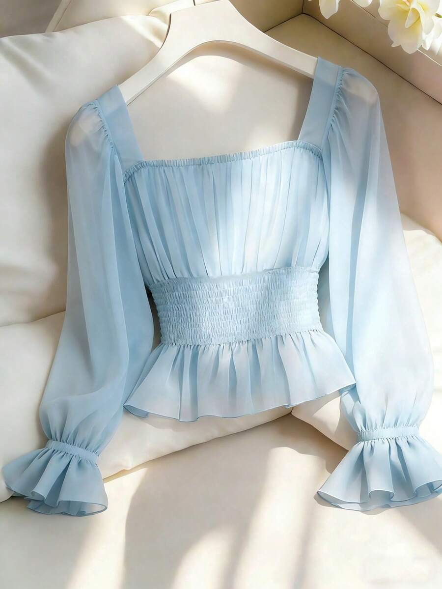 SHEIN Franclia Women's Elegant Sheer Waist Flare Sleeve Blouse - Blue - View 1