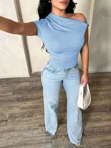 SHEIN SXY 女士性感优雅简约不对称单肩露肩上衣，夏季休闲百搭衬衫 - 藍色 - 查看 3