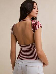 Poéselle 女士条纹罗纹针织T恤，红白条纹，Y2K时尚，休闲沙滩装，条纹圆领短袖修身休闲百搭T恤 - 彩色 - 查看 2