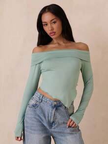 SHEIN Unity Women's Solid Color Simple Off-Shoulder Top - Green - View 4
