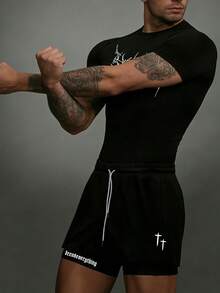 GymBeat Stylish Men's Half Sleeve Round Neck Black Sports Set Featuring Halloween Pattern And Convenient Pockets - Black - View 3