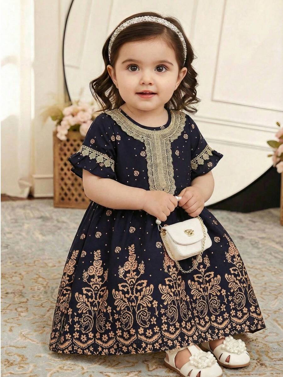 SHEIN Baby Arabic Clothing Baby Girl Floral Print Loose Round Neck Short Sleeve Dress Baby Arabic Clothing Girl Party Dress - Black - View 1