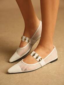 Rosivie Women Casual Versatile Commuting Minimalist Hollow Metal Decor Pointed Toe Flats - White - View 4