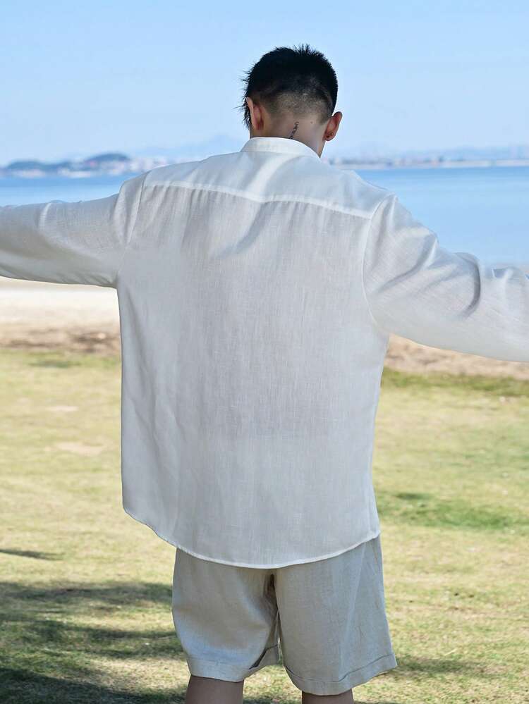 Men's Solid White Casual Dress Shirt, Spring/Summer Long Sleeve Tops Women