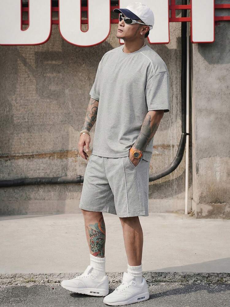 Grey Round Neck T-Shirt & Men's T-Shirt Set, Summer