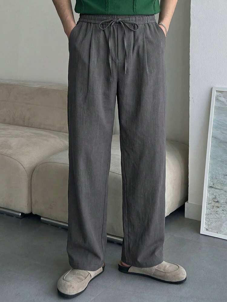 Men's Grey Drawstring Waist Slim Fit Pants, Spring