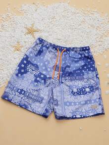 Quần bơi SUMWON họa tiết Paisley với cạp chun và dây rút, thích hợp cho bé trai tuổi teen, đi biển, hồ bơi, nghỉ mát, đồ bơi thường ngày. - Màu xanh lam - Xem 1