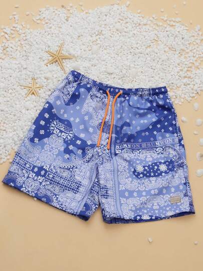 SUMWON 佩斯利印花泳裤，松紧腰带和抽绳设计，适合青少年男孩夏季海滩泳池度假穿着，休闲泳装