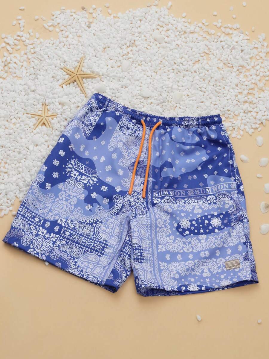 Quần bơi SUMWON họa tiết Paisley với cạp chun và dây rút, thích hợp cho bé trai tuổi teen, đi biển, hồ bơi, nghỉ mát, đồ bơi thường ngày. - Màu xanh lam - Xem 1