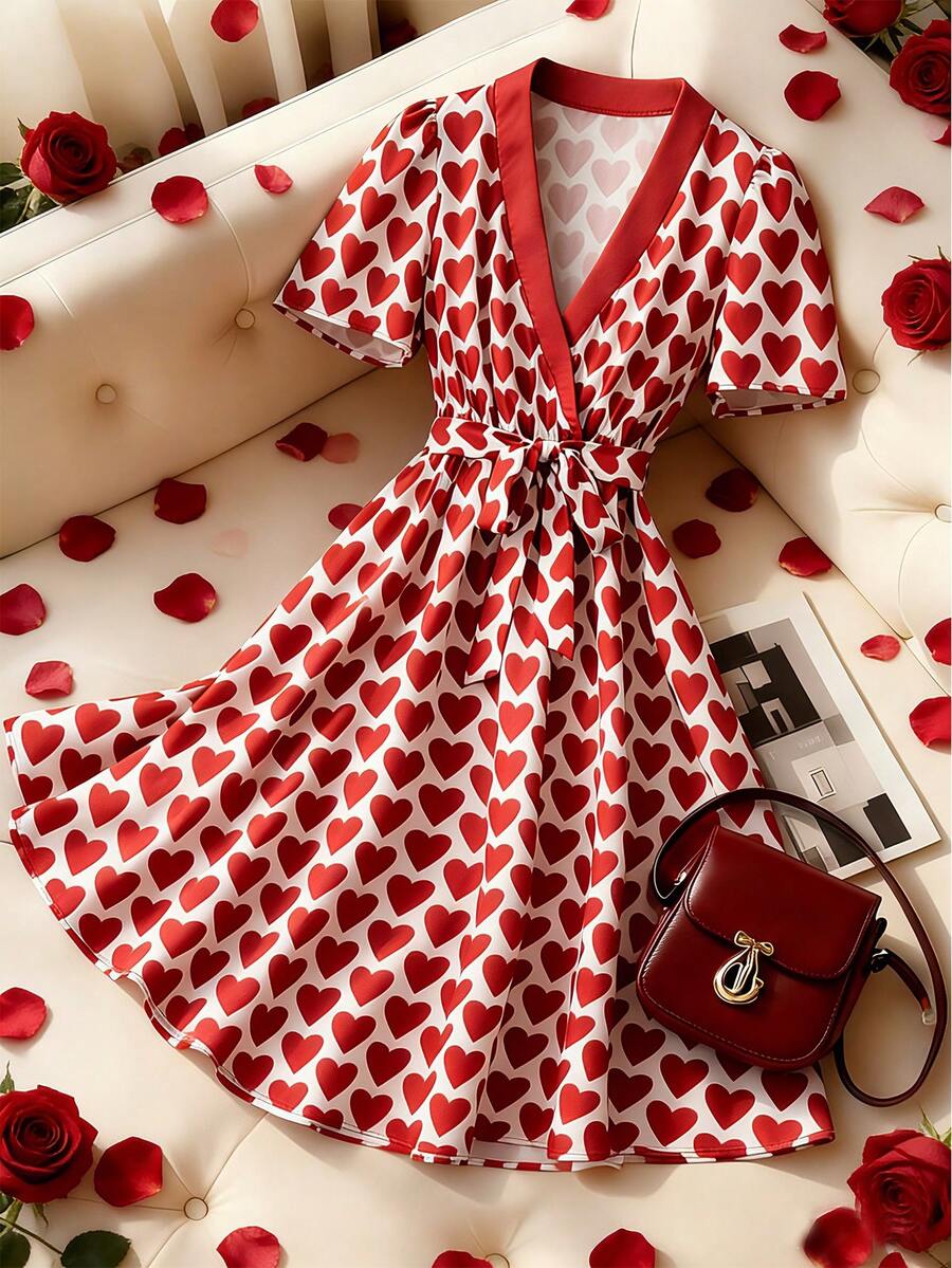 Chiquease Đầm midi nữ thanh lịch họa tiết trái tim đan chéo, thắt eo, màu đỏ, thích hợp cho mùa xuân/hè. - Đỏ - Xem 1