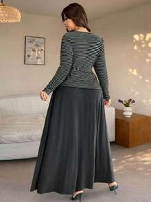 Vionelle Plus Size Floral & Striped Top With Solid Color Knit Skirt 2 Piece Set, Casual Soft Fabric, Minimalist Design, Elegant Classic Dress Modest Wrap Dress Women Knit Maxi Dress Long Casual Dress Long Sleeve Elegant Dress Maternity Dress Casual New Arrivals Women Dress Dresses For Women Long Sleeve - Multicolor - View 2