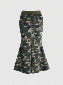 ROMWE Grunge Punk Chân váy đuôi cá xẻ tà phối họa tiết rằn ri, kiểu dáng Y2K gợi cảm dành cho nữ. - xanh quân đội - Xem 1