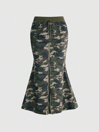 Grunge Punk Gonna a sirena con spacco, a patchwork con motivo mimetico e costine, in stile Y2K sexy, per donne