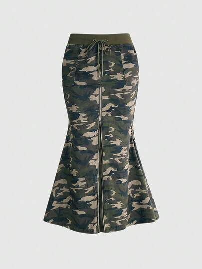 Grunge Punk تنورة نسائية ذات حافة ذيل حورية البحر مع شق وبتصميم رقعي مخطط بنقشة الكاموفلاج وأنسجة مضلعة بطراز Y2K