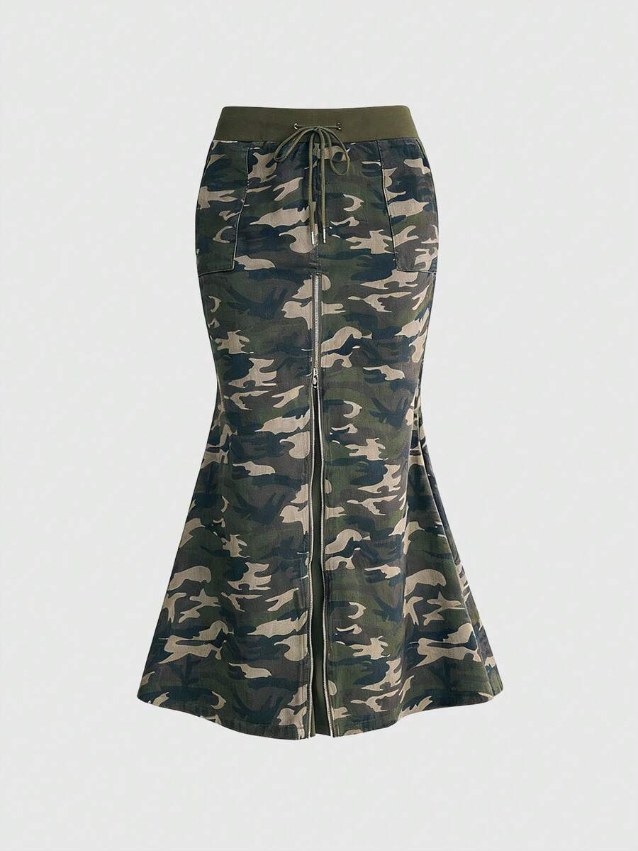 ROMWE Grunge Punk Chân váy đuôi cá xẻ tà phối họa tiết rằn ri, kiểu dáng Y2K gợi cảm dành cho nữ. - xanh quân đội - Xem 1