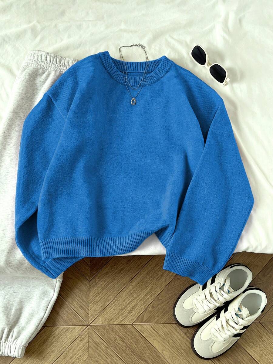 Elamini 女士纯色简约休闲圆领长袖套头毛衣 - 寶藍色 - 查看 1