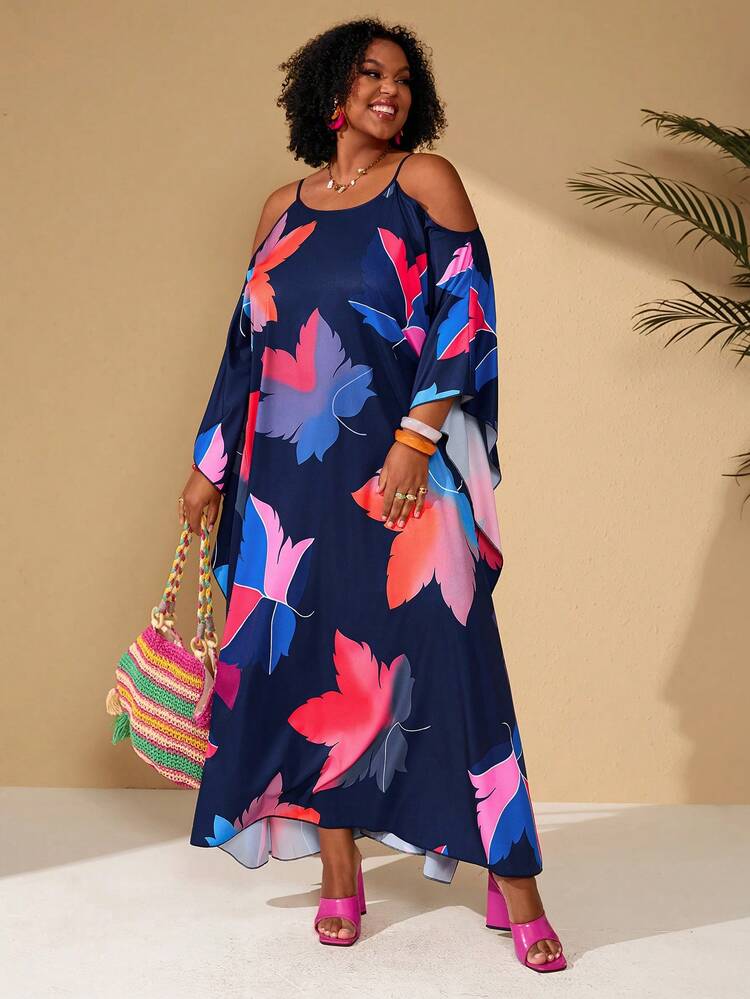 Plus Size Women's Summer Casual Vacation Spring Off-Shoulder All-Over Floral Print Colorful Leaf Print Extra Loose Fit Long Dress/Summer,Summer Holiday,Spring Break Outfits ,Vacation Outfits Women ,Holiday Outfits For Women,Going Out Outfits,2026 New Clothes,Simple And Fashionable For Everyday Wear,Casual Dresses For Women,Flowy Long Dress , Plus Size Hawaiian Dress, Plus Size Maxi Summer Dress, Loose Summer Dress Plus Size Beach Dress Plus Size Resort Wear Plus Size Vacation Dress
