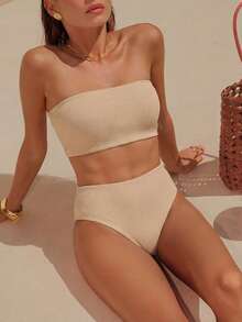 Swim Chiccia Summer Beach Rib-Knit Bikini Set Lace Up Bandeau Bra Top & High Waist Bikini Bottom 2 Pieces Bikini - Khaki - View 1