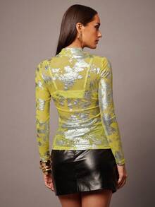Silquee 金色印花立领性感透视网纱长袖上衣，修身剪裁，适合休闲、约会、夜店、派对等场合，也适合日常约会、夜店、婚礼、鸡尾酒会等性感约会。 - 黃色 - 查看 2