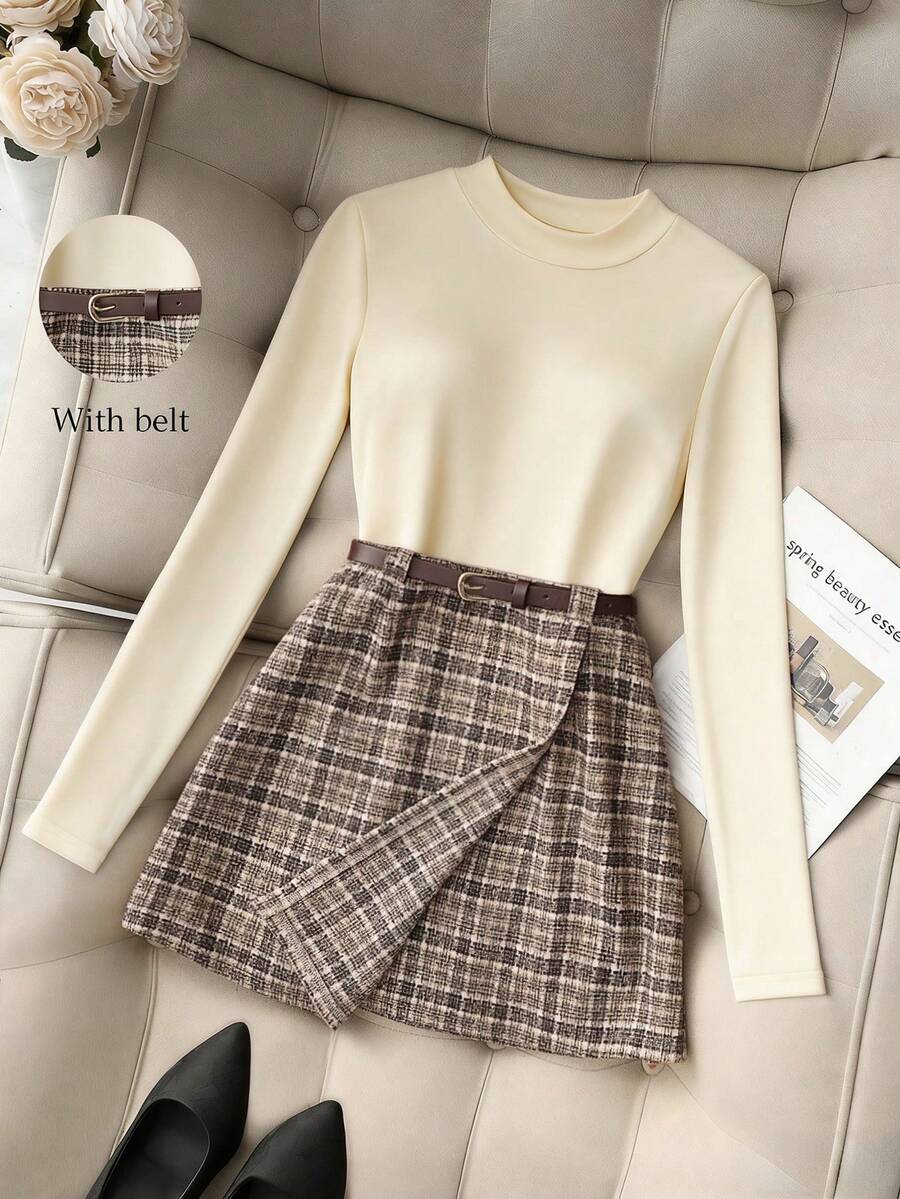 Franclia Bộ đồ công sở thường ngày thoải mái và thời trang gồm áo dệt kim dài tay đa năng phối cùng chân váy kẻ caro màu kaki có thắt lưng, set 2 mảnh dành cho nữ mùa xuân/thu, bộ đồ mùa thu sớm, trang phục mùa thu cho nữ, trang phục mùa đông cho nữ, trang phục thường ngày cho nữ. - Màu be - Xem 1