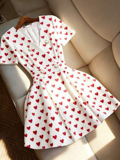 Franclia Vintage hjärtmönster V-ringad kortärmad miniklänning med åtsittande midja för kvinnor