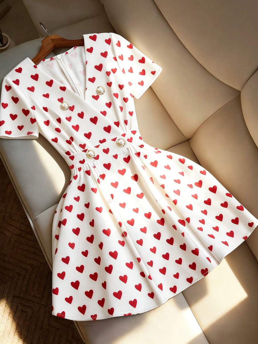 Franclia Vintage Heart Pattern V-Neck Short Sleeve Waist Cinched Women Mini Dress Heart Dress White And Red Dress Tea Dress Womens Heart Dress V Neck Heart Dress - Red and White - View 1