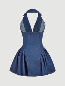 SHEIN MOD Women's Summer Casual Front Button Pleated Waist Halter Denim Dress - Blue - View 2