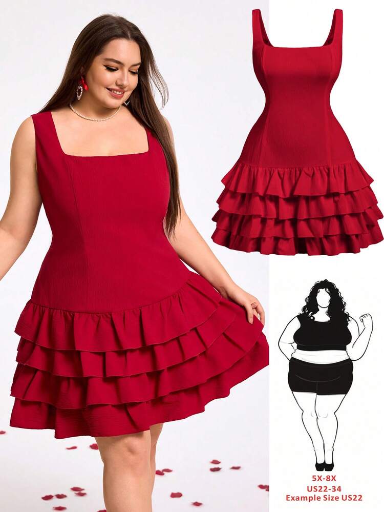 SHEIN CURVE+ Đầm croptop màu đỏ xếp ly dễ thương cho người béo, thích hợp mặc ngày Valentine, dành cho buổi hẹn hò ngày Valentine. - Đỏ - Xem 1