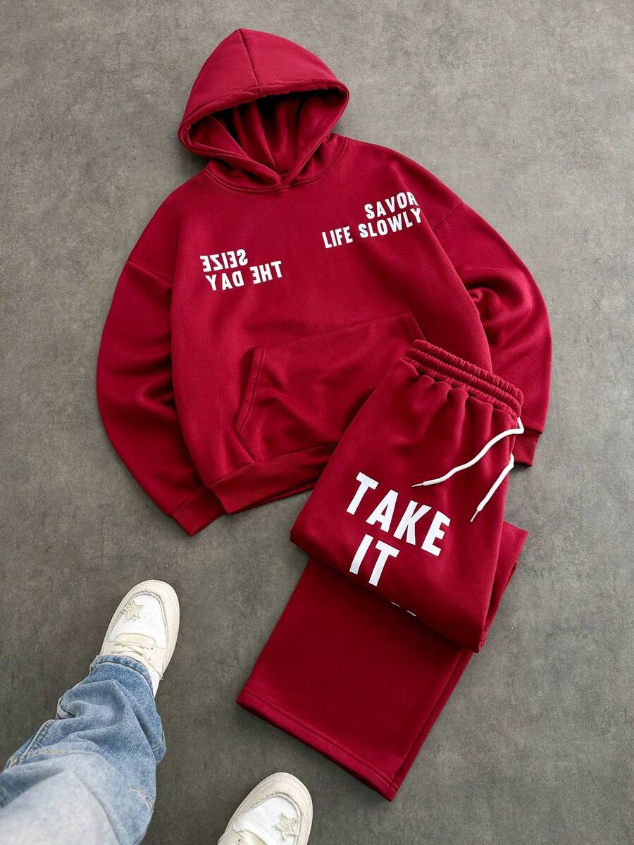 Manfinity VCAY 2pcs Men's Casual Hoodie Set, Red Color Printed, Spring/Autumn - Red - View 1