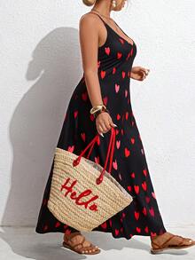 EMERY ROSE Plus Size Women's Valentine Day Heart Strap Maxi Dress, Black And Red Print Loose Strap Long Dress,Casual Summer Travel Date Wear - Multicolor - View 6