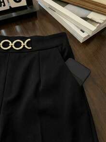 Franclia 时尚高腰休闲直筒裤，宽松腰部装饰纽扣垂褶阔腿裤，女士款 - 黑色 - 查看 4