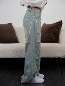SAYEHFBABY Women's Casual Distressed Wide Leg Jeans - Blue - View 4