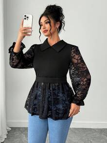 Elenzga 大码女式优雅通勤纯色蕾丝拼接衬衫 - 黑色 - 查看 6